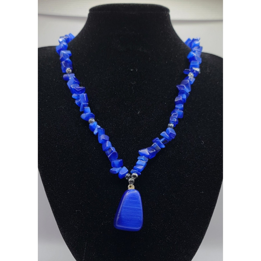 Glass Bead Y Drop Necklace Deep Blue Iridescent Nugget Pendant Chunky Barrel 18"